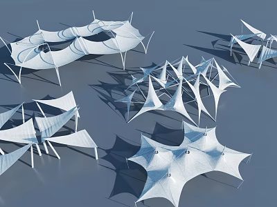 Modern Tensile Membrane Structures With Geometric Shapes And White Canopy Design 3d model