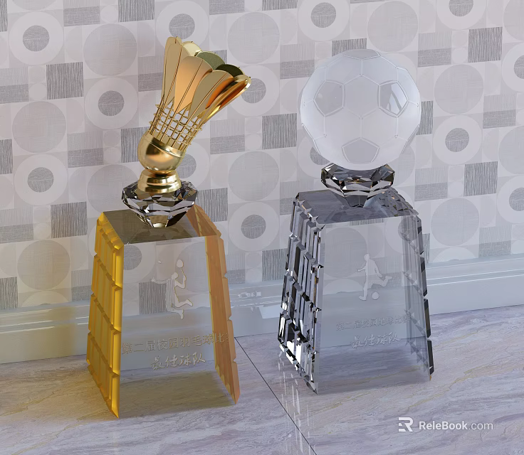 Golden And Transparent Crystal Trophies With Engraved Base On Geometric Pattern Background 3d model 