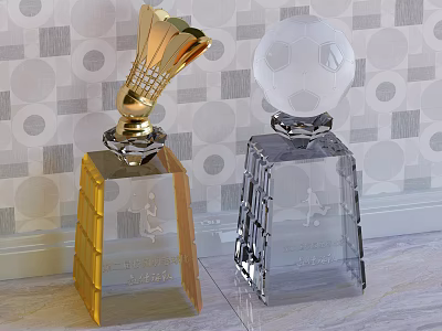 Golden And Transparent Crystal Trophies With Engraved Base On Geometric Pattern Background 3d model
