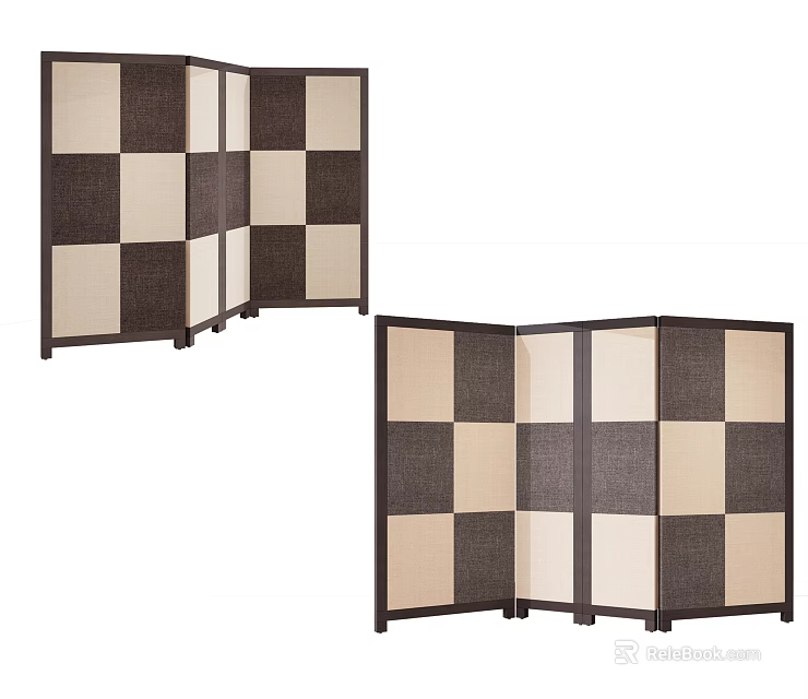 Checkered Room Divider With Woven Texture And Foldable Panels In Brown Beige 3d model