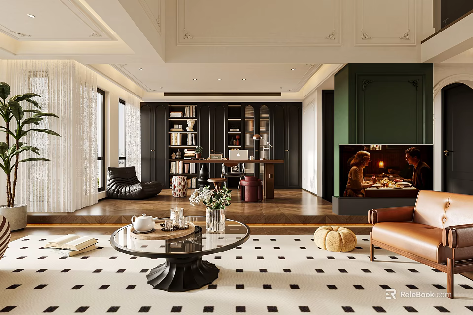 Modern Duplex Living Room Interior With Checkered Rug Round Coffee Table And Leather Sofa 3d model 