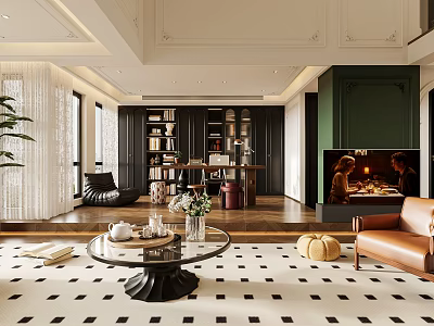 Modern Duplex Living Room Interior With Checkered Rug Round Coffee Table And Leather Sofa 3d model