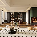Modern Duplex Living Room Interior With Checkered Rug Round Coffee Table And Leather Sofa