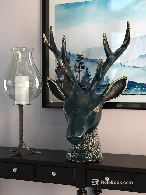 Elegant Decorative Ornament Set with Black Deer Head Glass Candle Holder and Mountain Landscape Painting 3d model 
