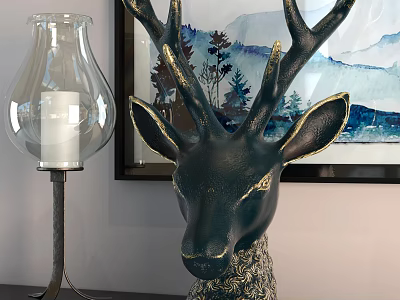 Elegant Decorative Ornament Set with Black Deer Head Glass Candle Holder and Mountain Landscape Painting 3d model
