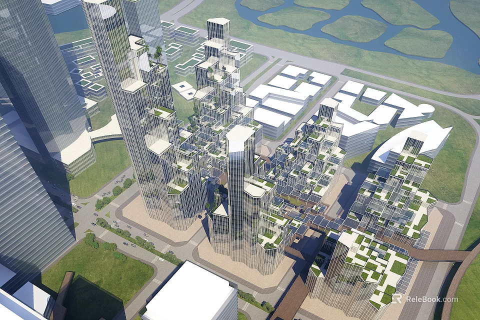 Modern Office Buildings With Green Terraces And Surrounding Urban Green Spaces In Aerial City View 3d model 
