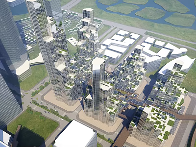 Modern Office Buildings With Green Terraces And Surrounding Urban Green Spaces In Aerial City View 3d model
