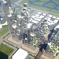 Modern Office Buildings With Green Terraces And Surrounding Urban Green Spaces In Aerial City View