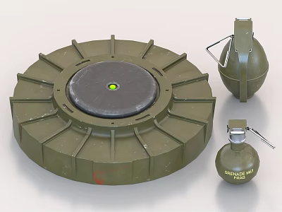 Military Green Explosive Weapons Featuring Circular Mine And M26 Grenades With Metal Components 3d model