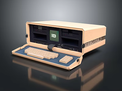 Vintage Portable Computing Device with Open Wooden Case Keyboard and Screen 3d model