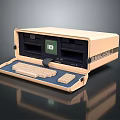 Vintage Portable Computing Device with Open Wooden Case Keyboard and Screen