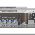 Professional Monitoring Room With Conference Table White Chairs Blue Screen Computers