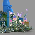 Floral Installation with Blue Pillar Purple Butterflies and Purple White Blooms for Event Decoration
