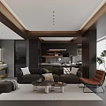 Modern Living and Dining Area With Dark Sofa Wooden Ceiling and Floor to Ceiling Windows