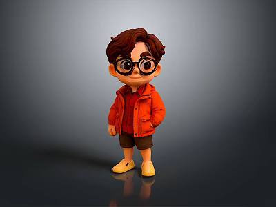 Cartoon Man with Brown Hair Black Framed Glasses Red Jacket Brown Shorts and Yellow Shoes 3d model