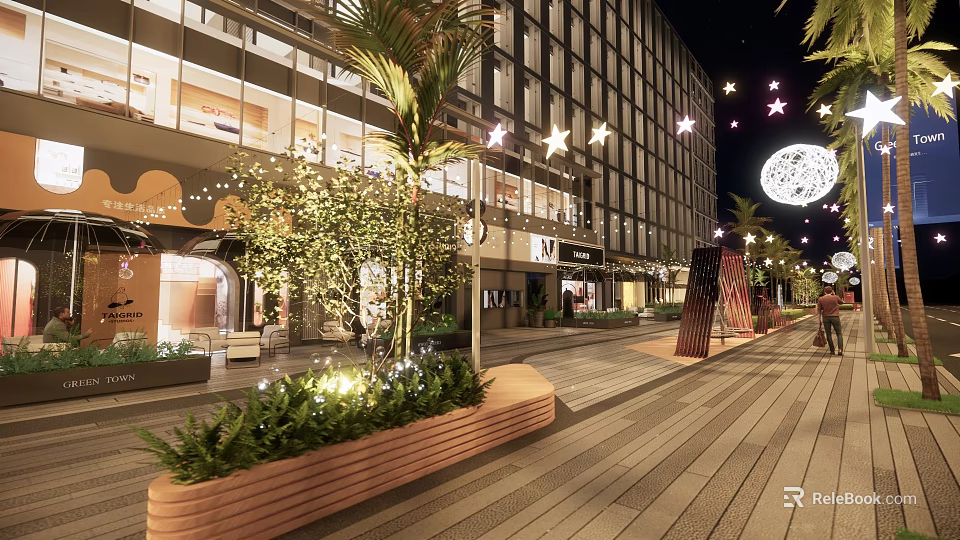 Night Commercial Landscape with Illuminated Buildings Pedestrian Walkway and Decorative Lights 3d model 