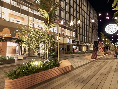 Night Commercial Landscape with Illuminated Buildings Pedestrian Walkway and Decorative Lights 3d model
