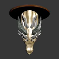 Yellow Dragon Head Sculpture With Circular Wooden Base Open Mouth Sharp Teeth