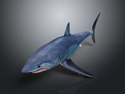 Realistic Blue Shark 3D Model With Sharp Teeth And Gray Gradient Background 3d model