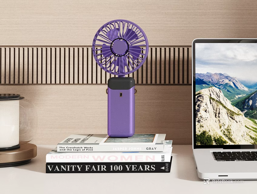 Portable Purple Air Conditioner Fan On Desktop With Books And Laptop 3d model 