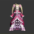 Cute Blonde Game Movie Character With Twin Braids In Pink Lace Dress