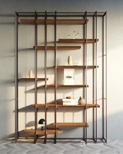Modern Shower Sauna Space Featuring Metal Frame Wooden Shelves And Decorative Objects 3d model 