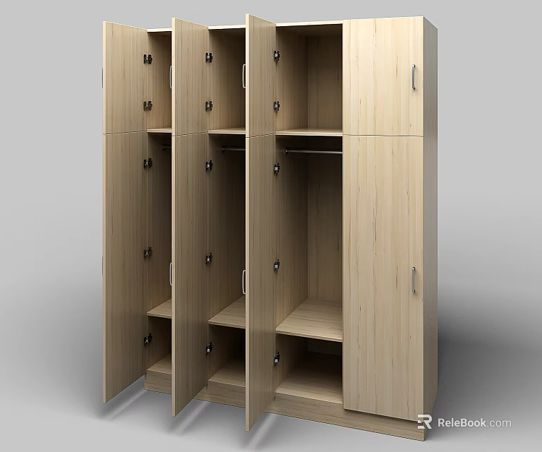 Light Wood Wardrobe With Multiple Open Doors And Internal Shelves Structure Design 3d model