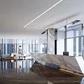 Modern Reception Desk With Marble Surface In Open Office Lobby Featuring Waiting Area Sofa