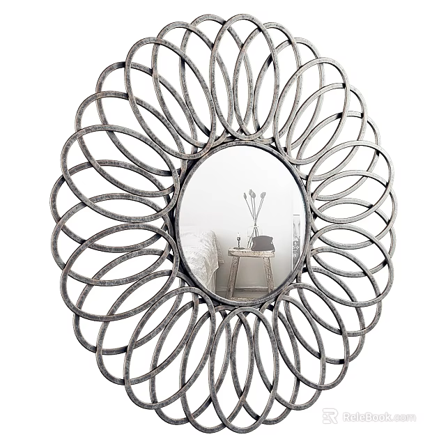 Circular Decorative Mirror With Radiant Metallic Frame Reflecting Bedroom Side Table And Lamp 3d model 