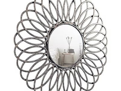 Circular Decorative Mirror With Radiant Metallic Frame Reflecting Bedroom Side Table And Lamp 3d model