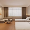 Modern Hotel Guest Room with Twin White Beds Wooden Flooring Wall TV and Dressing Table