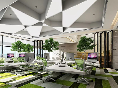 Modern Office Interior With Geometric Ceiling Large Windows Green Carpet Trees And Computers 3d model
