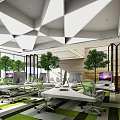 Modern Office Interior With Geometric Ceiling Large Windows Green Carpet Trees And Computers 3d model