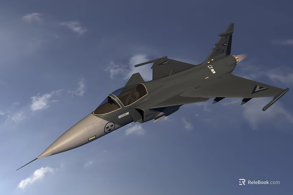 Modern Fighter Jet Flying In Blue Sky With White Clouds Background 3d model