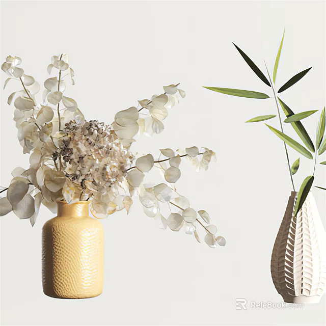 Yellow Textured Vase With White Hydrangea Flowers And White Woven Vase With Bamboo Leaves 3d model 