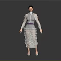 Woman in White Layered Dress with Purple Waistband Long Sleeves White Shoes Against Gray Background
