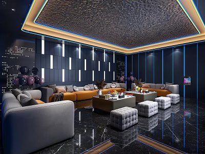 Modern KTV Room Interior With Comfortable Sofas Coffee Tables Decorative Walls And Ceiling Design 3d model