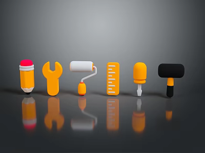 Colorful Orange Tool Combination Including Pencil Wrench Paint Roller Tape Measure Hammer and Ice Cream Bar 3d model