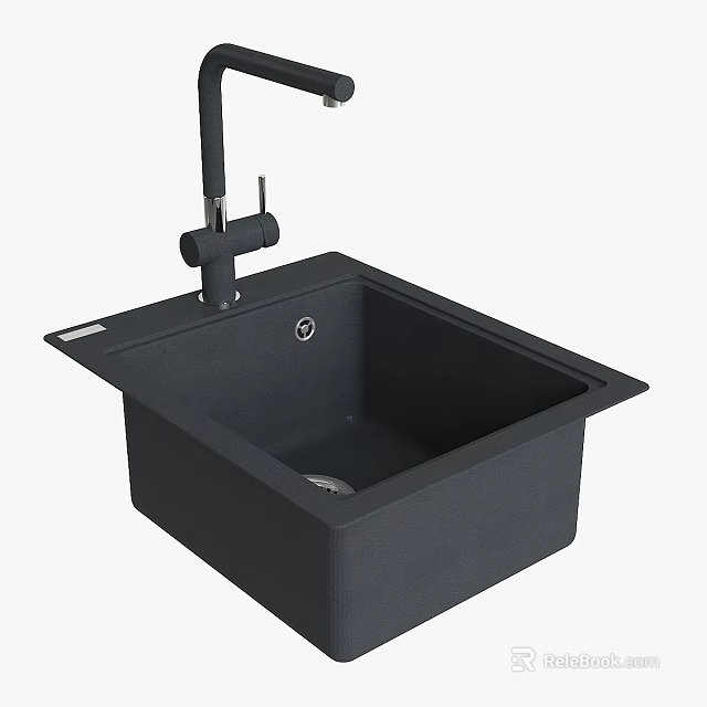 Modern Black Square Kitchen Sink With Single Handle Faucet And Matte Finish 3d model 