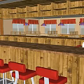 Cozy Restaurant Interior With Wooden Decor Red Bar Stools And Dining Tables