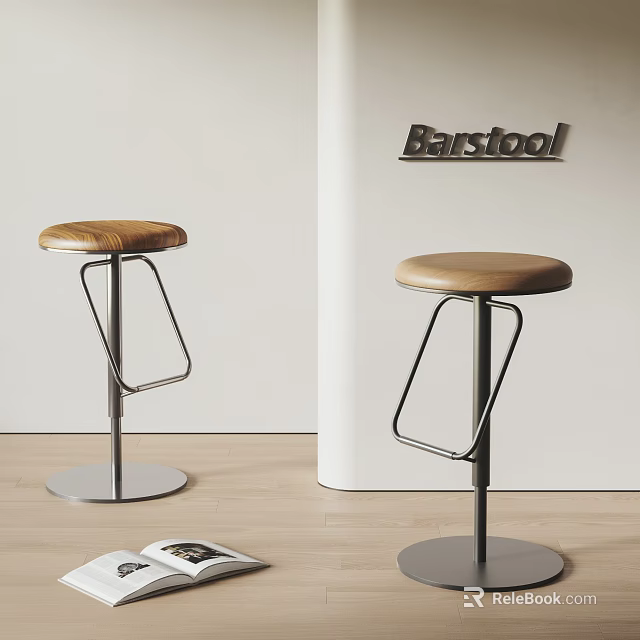 Modern Barstool With Wooden Round Seat And Metal Frame For Stylish Home Interior 3d model 