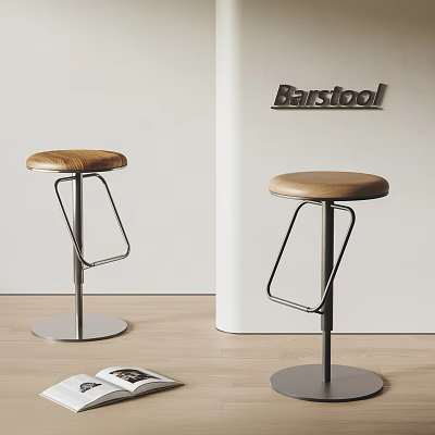 Modern Barstool With Wooden Round Seat And Metal Frame For Stylish Home Interior 3d model