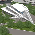Modern Architectural Structure With Unique Curved Design White Gray Exterior And Green Lawn Trees