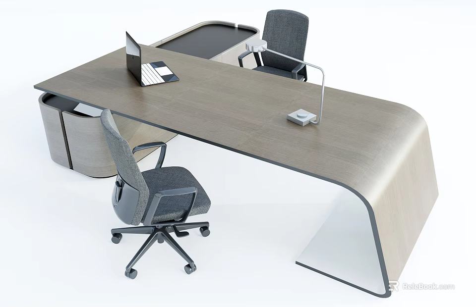 Modern Curved Office Desk With Laptop Desk Lamp And Gray Office Chairs 3d model 