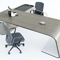 Modern Curved Office Desk With Laptop Desk Lamp And Gray Office Chairs