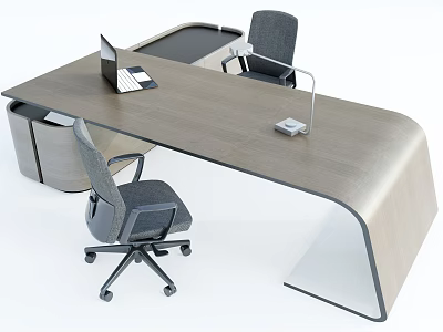 Modern Curved Office Desk With Laptop Desk Lamp And Gray Office Chairs 3d model
