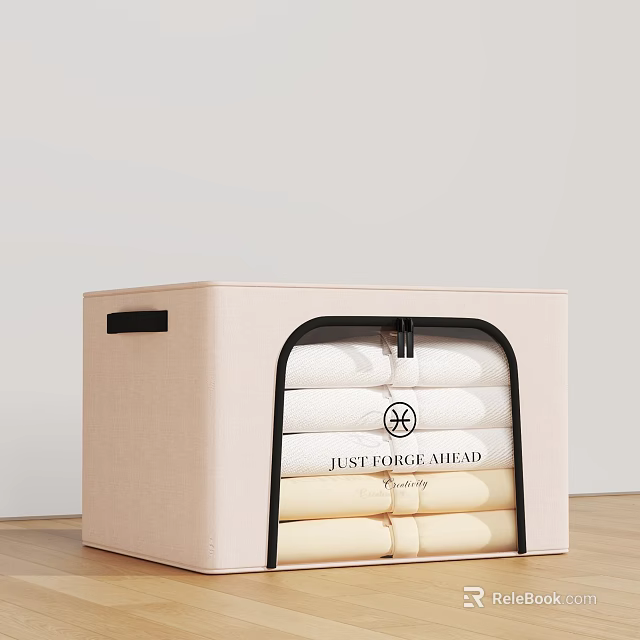 Beige Storage Box With Transparent Window And Neatly Folded Towels With Just For Mead Label 3d model 