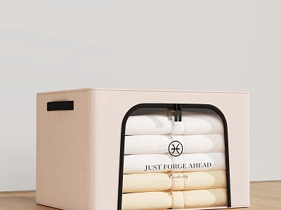 Beige Storage Box With Transparent Window And Neatly Folded Towels With Just For Mead Label 3d model