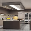 Commercial Kitchen Interior Design With Dark Cabinets Central Island And Wooden Steamer