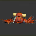 Cartoon Scene Featuring Red Backpack Yellow Scrolls Silver Knife And Red Maple Leaves